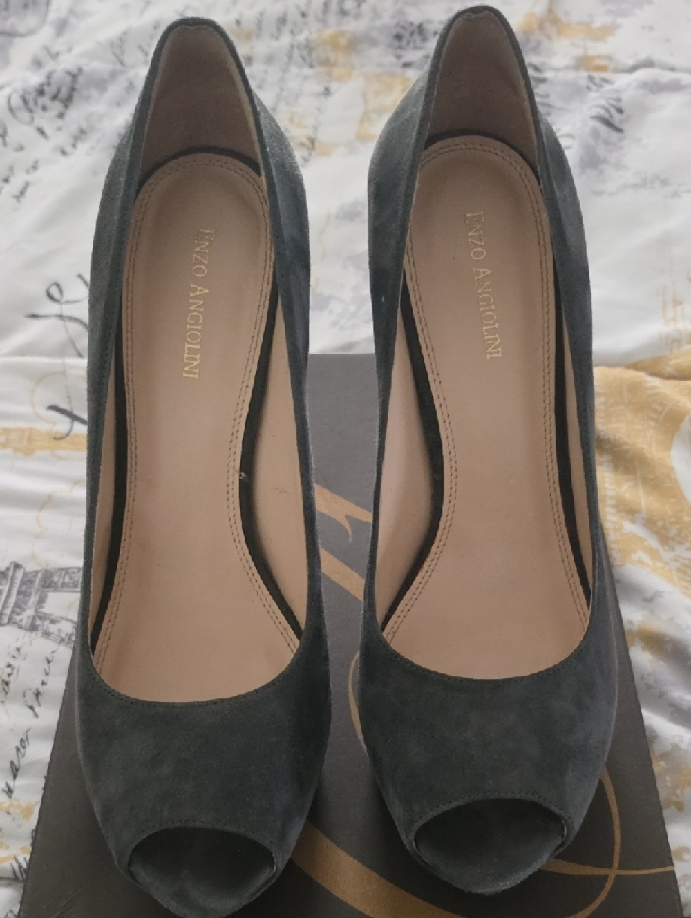 Enzo Angiolini Charcoal Suede Peep-Toe Pumps